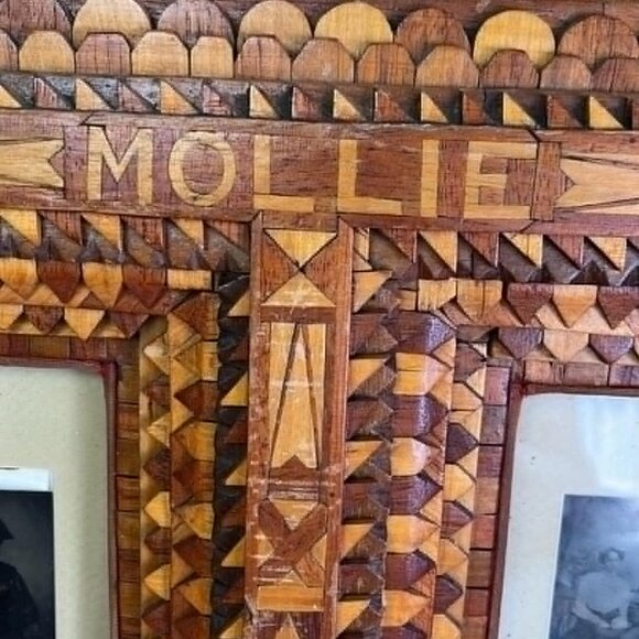 Antique Tramp Art Double Picture Frame Handmade Folk Art Cigar Boxes 28.5" Rusti - Picture 5 of 15